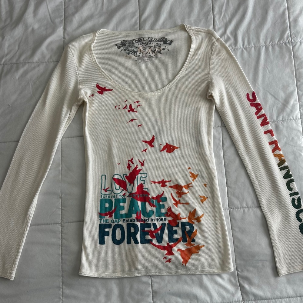 Y2K 00s Thermal Graphic Top GAP Cream Waffle knit scoop neck Womens M grunge